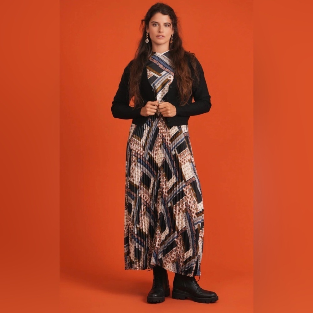 Noni Pleated Maxi Dress Patchwork Print Elastic Waist Small Tall